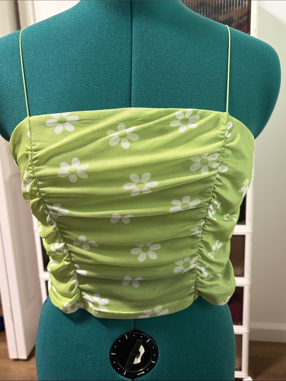 Self Esteem Lime Green Daisy Ruched Spaghetti Strap Crop Top